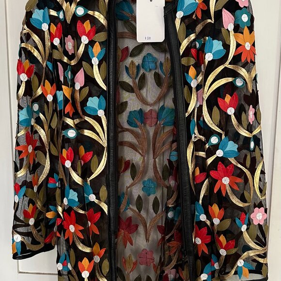 Wil Stiles black sheer with sewn on flowers zip up jacket - Picture 2 of 5